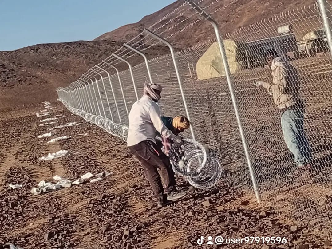 عمال أثناء تركيب السلك الشائك أعلى الشبك